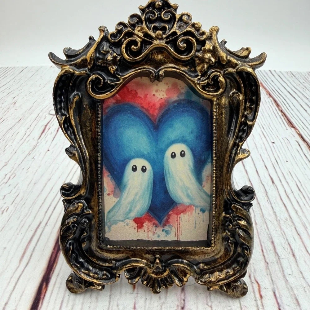 Ghost Couple Art Print in Ornate Gold Black Resin Frame Handmade Decoupage 5in